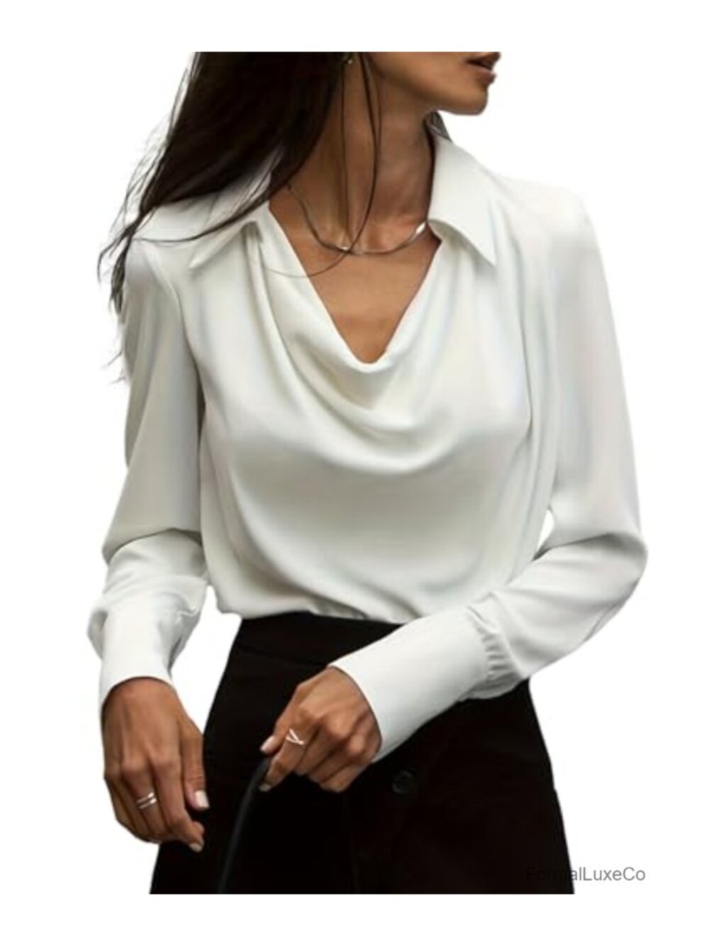 Satin Silk Cowl Neck Ruched Front Long Sleeve Blouse